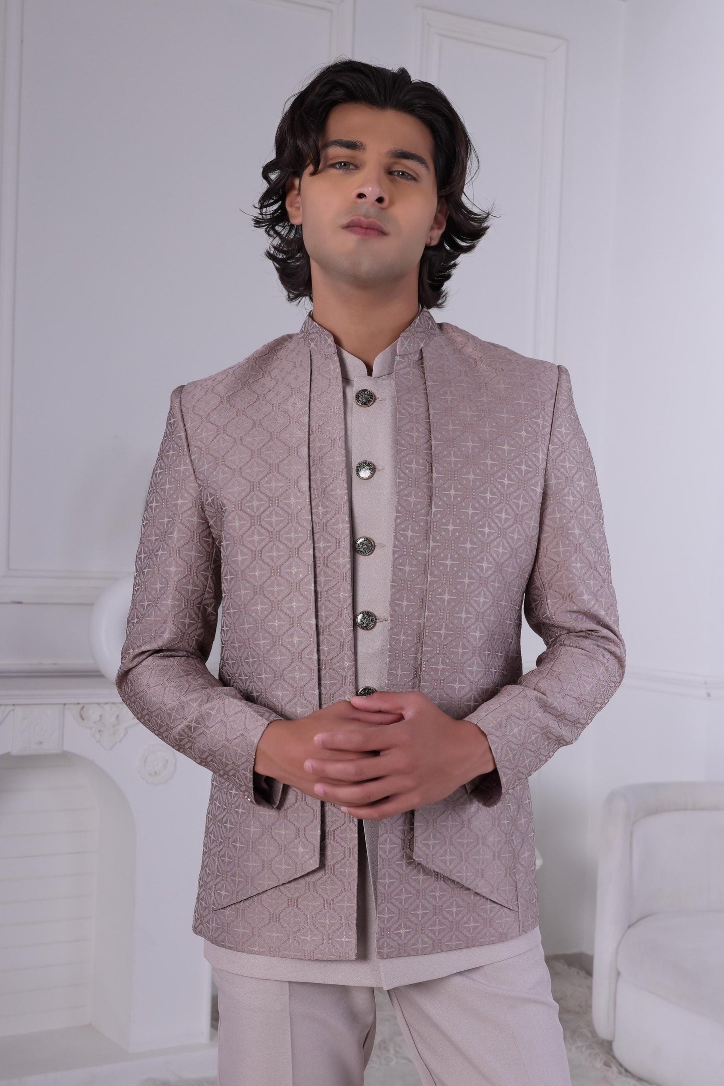 Geometric Jacquard Indo-Western Suit: Dusty Rose Wedding Sherwani