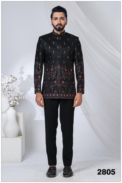 Luxury Black Bird Motif Bandhgala Suit | Modern Designer Reception Outfit | Indian Wedding Wear |