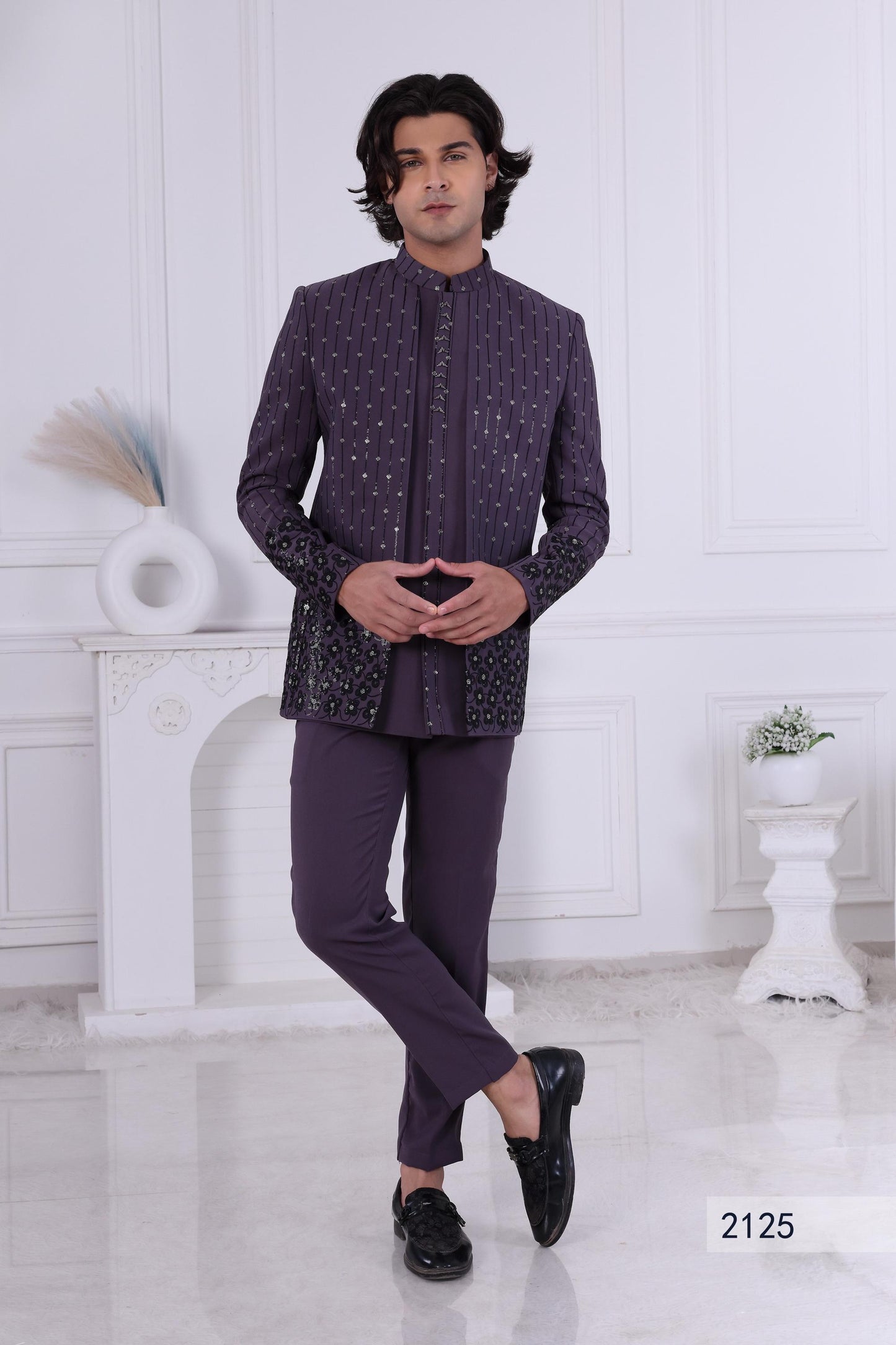 Men's Aubergine Sherwani: Sequin Indo-Western Suit, Cocktail Party Wear