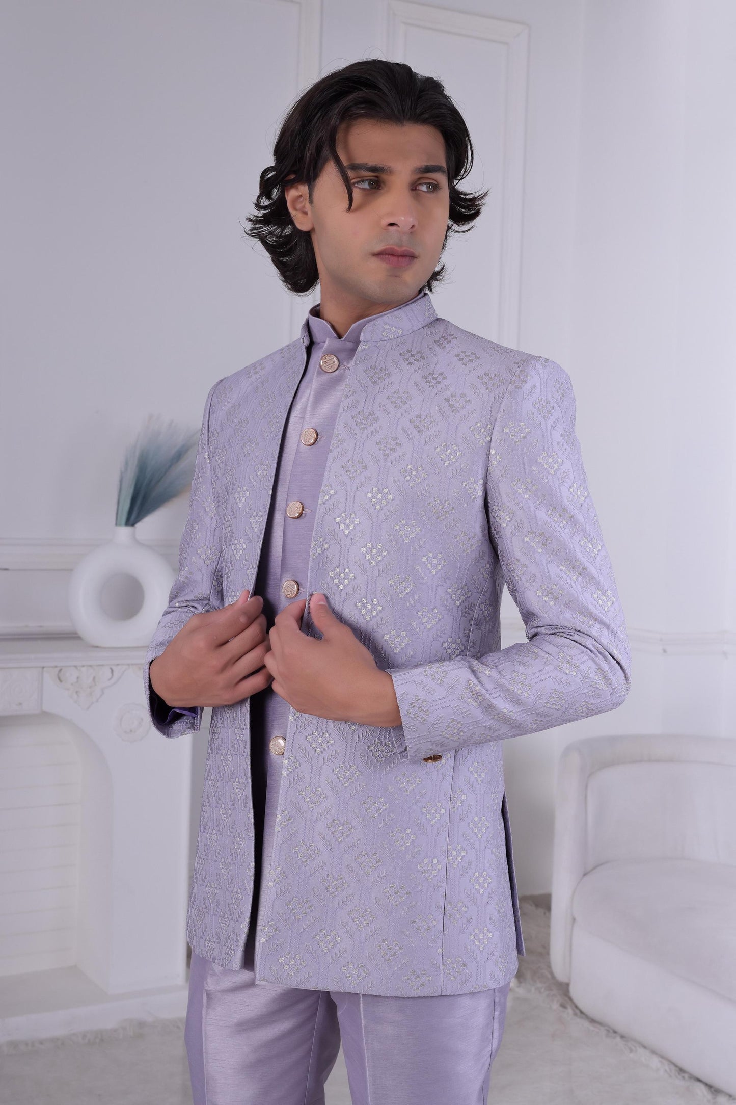 Men's Light Purple Jacquard Jodhpuri Suit | 3-Piece Designer Groom Wear | Sherwani For Men