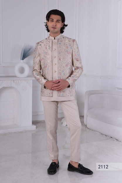 Cream Embroidered Sherwani for Men – Elegant Floral Design  Indian Wedding Outfit  Custom Tailored