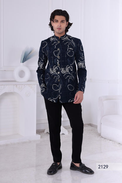 Navy Blue Jodhpuri Suit: Silver Baroque Embroidered Bandhgala - Indian Groom Sherwani