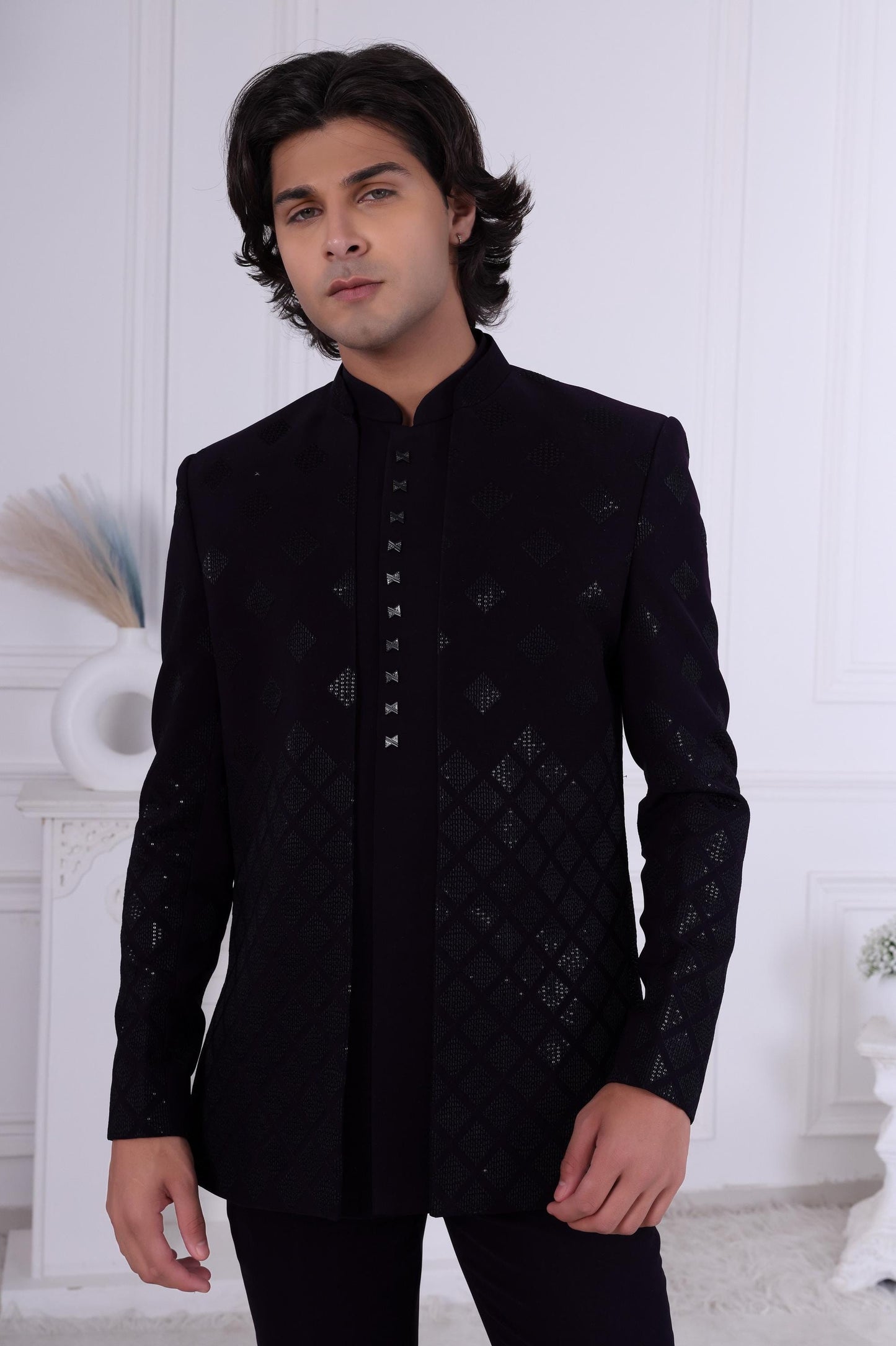 Men's Black-on-Black Sherwani with Cascading Diamond Pattern | Indo Western For Indian Wedding | Jodhpuri Suit