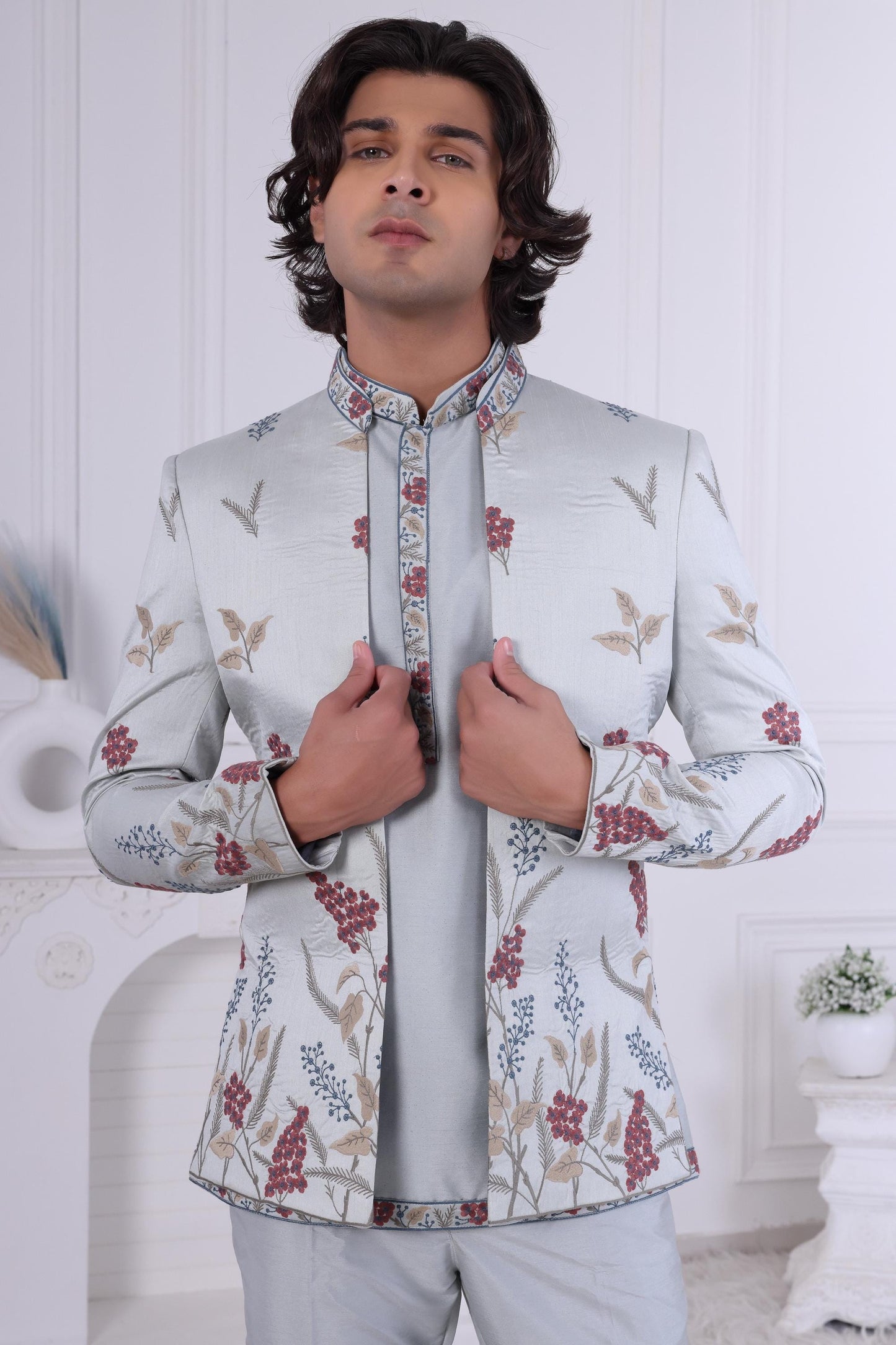 Floral Embroidered Indo-Western Sherwani: Designer Jodhpuri Jacket Outfit
