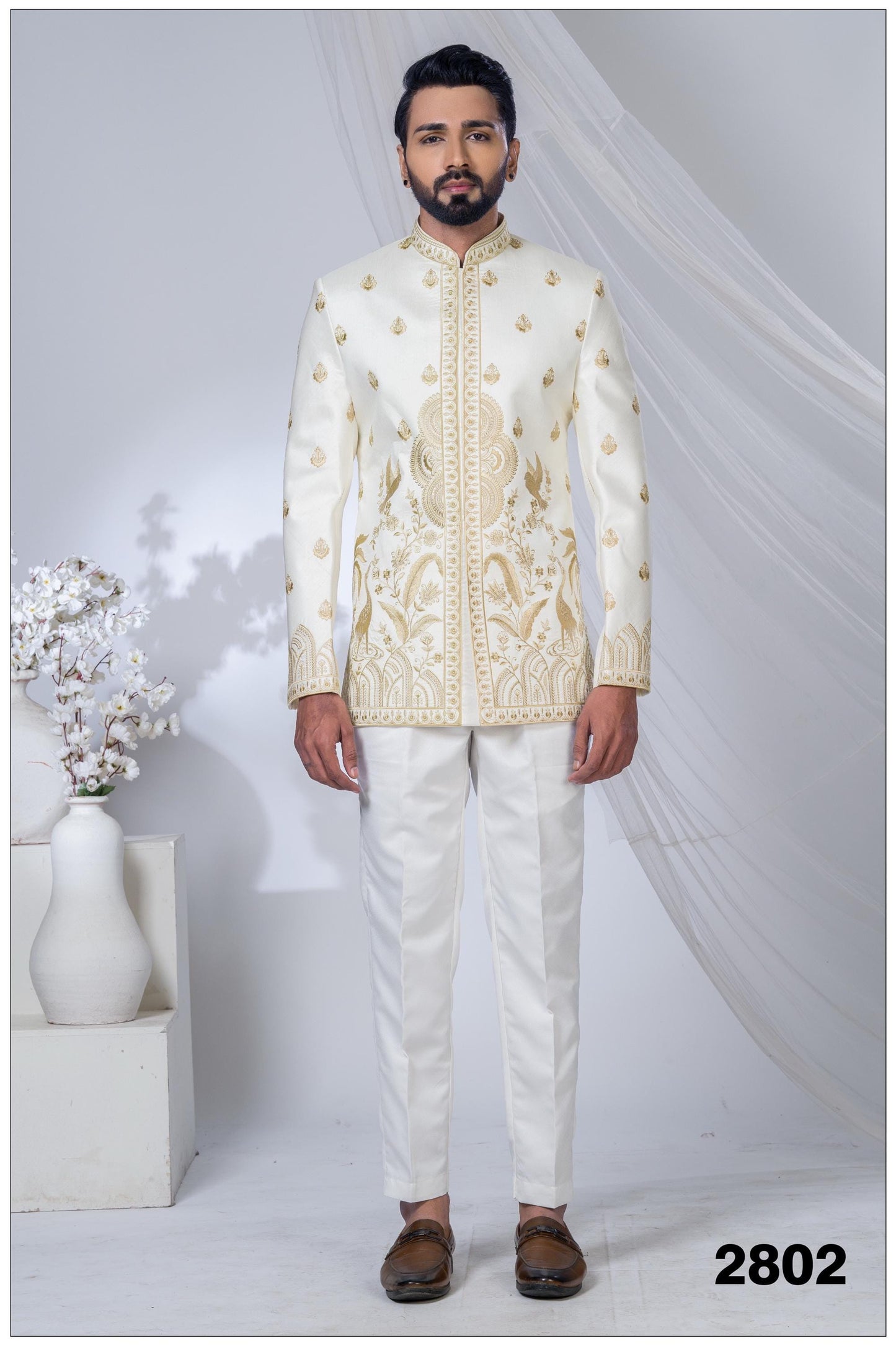 Regal Ivory Gold-Embroidered Bandhgala | Indian Sherwani | Groom Designer Sherwani