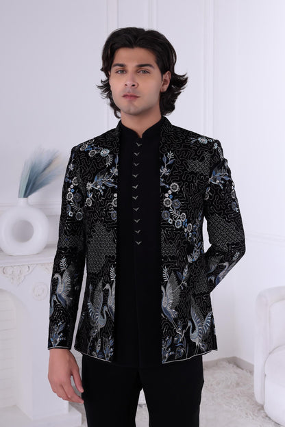 3-Piece Black Velvet Indo-Western Suit | Indian Sherwani | Designer Jacket & Kurta | Groom's Reception Outfit