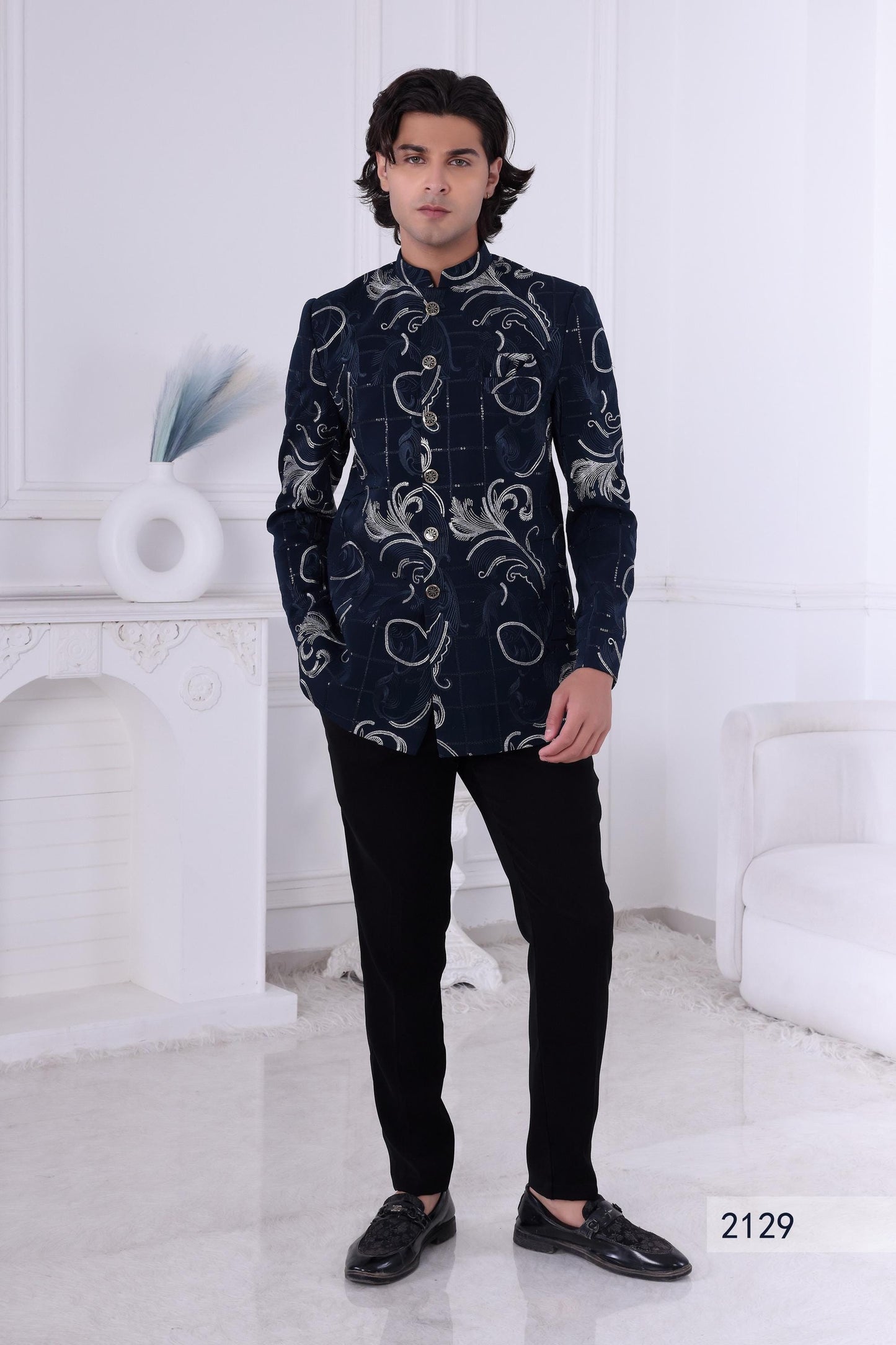 Navy Blue Jodhpuri Suit: Silver Baroque Embroidered Bandhgala - Indian Groom Sherwani