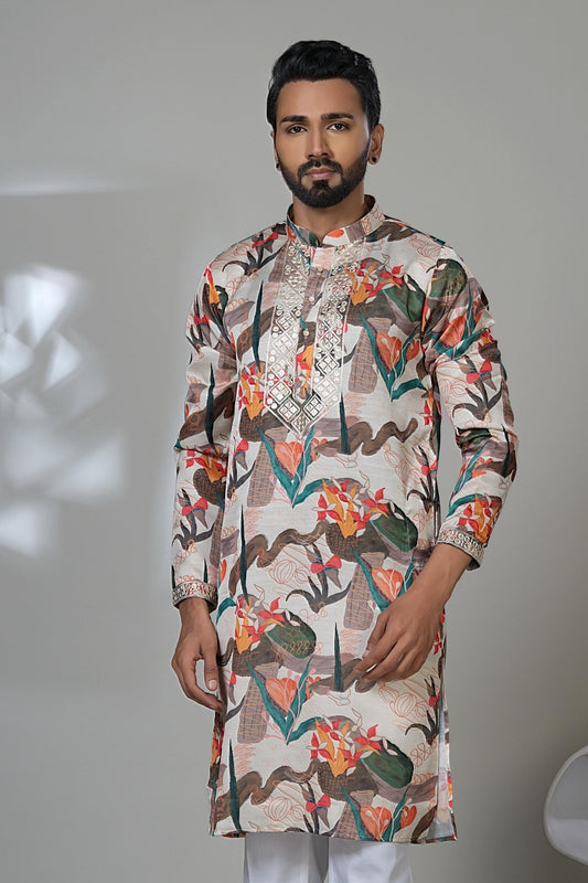 Men's Printed Kurta Set: Artistic Embellished Placket