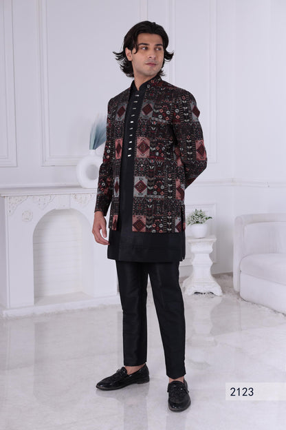 Black Geometric Jacquard Indo-Western Suit: 3-Piece Sherwani
