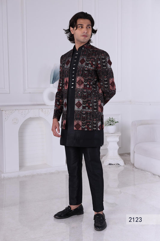 Black Geometric Jacquard Indo-Western Suit: 3-Piece Sherwani
