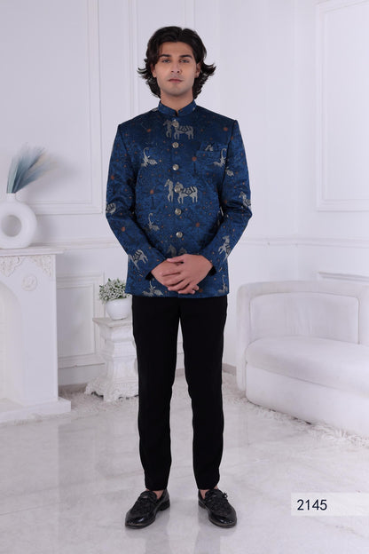 Dark Blue Jacquard Jodhpuri Suit with Royal Horse Pattern | Indian Sherwani | Indian Groom Outfit