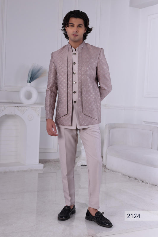 Geometric Jacquard Indo-Western Suit: Dusty Rose Wedding Sherwani