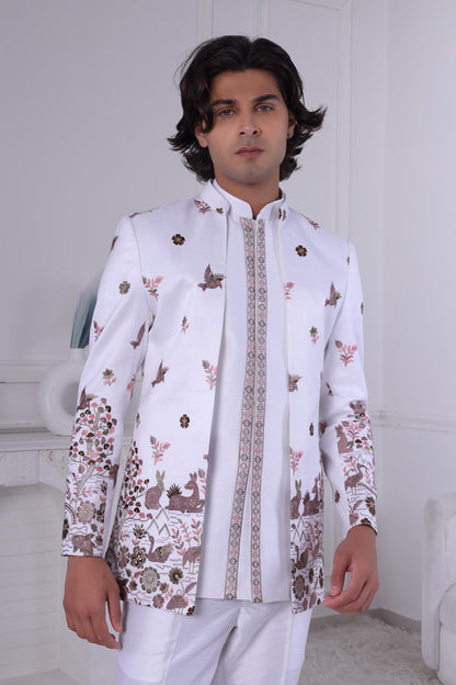Embroidered Jodhpuri Suit: White Indo Western Sherwani, Woodland Animals