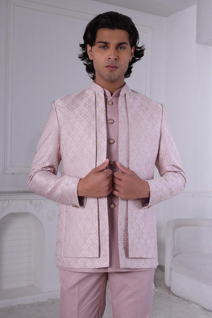 Blush Pink Embroidered Sherwani: Indo-Western Groom Wedding Outfit