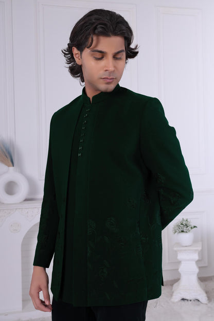 Dark Green Velvet Jodhpuri Suit with Floral Embroidery | Designer Bandhgala for Groom's Reception