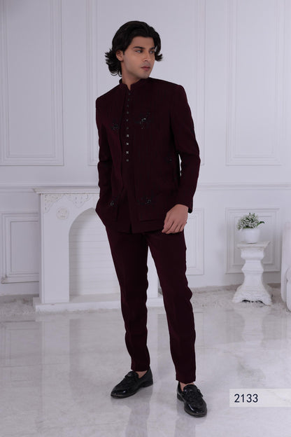3-Piece Burgundy Indo-Western Suit Sherwani | Designer Jodhpuri Jacket & Kurta | Groom's Reception  Sangeet Outfit