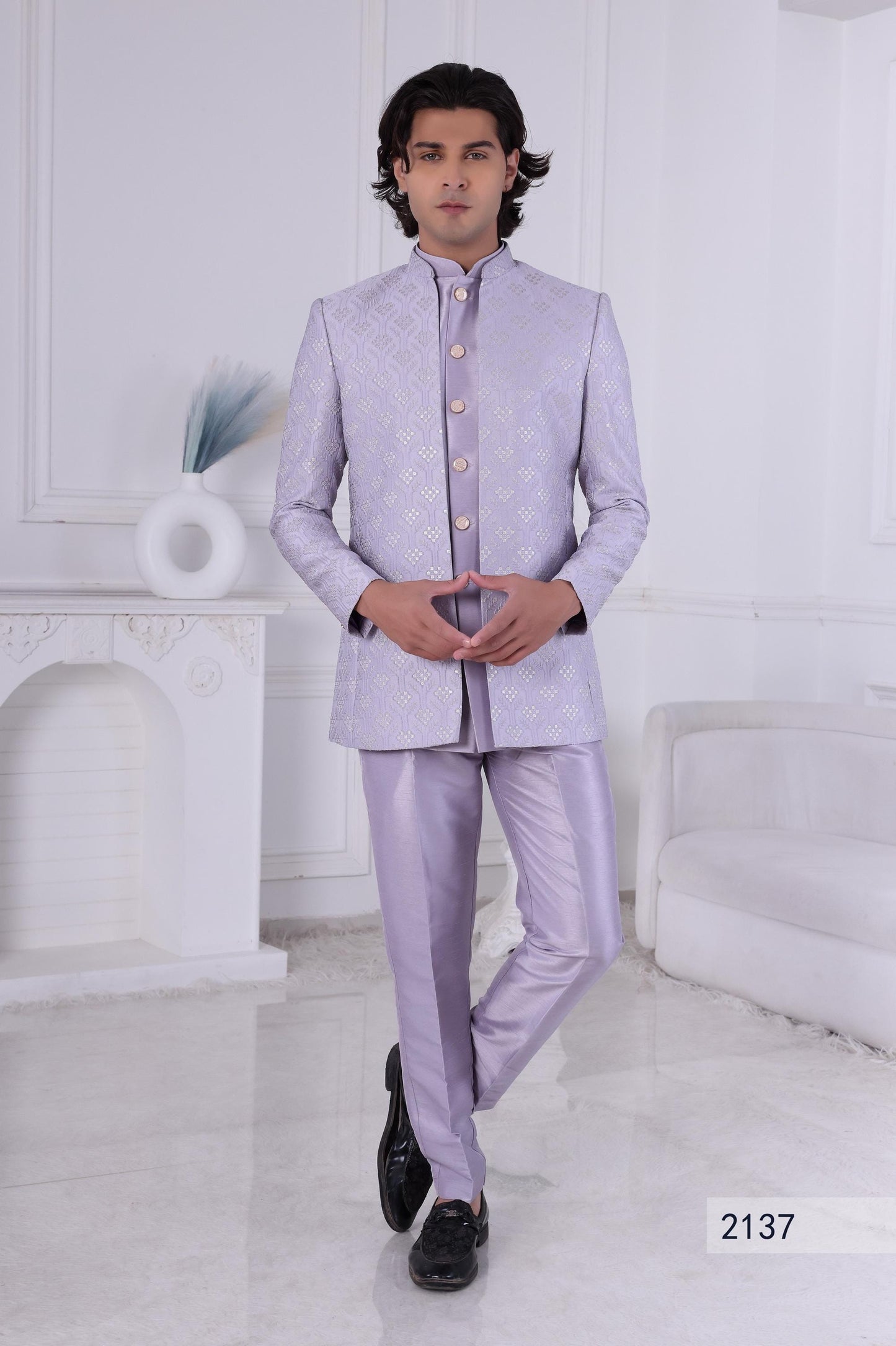 Men's Light Purple Jacquard Jodhpuri Suit | 3-Piece Designer Groom Wear | Sherwani For Men
