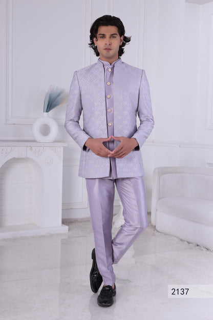 Men's Light Purple Jacquard Jodhpuri Suit | 3-Piece Designer Groom Wear | Sherwani For Men