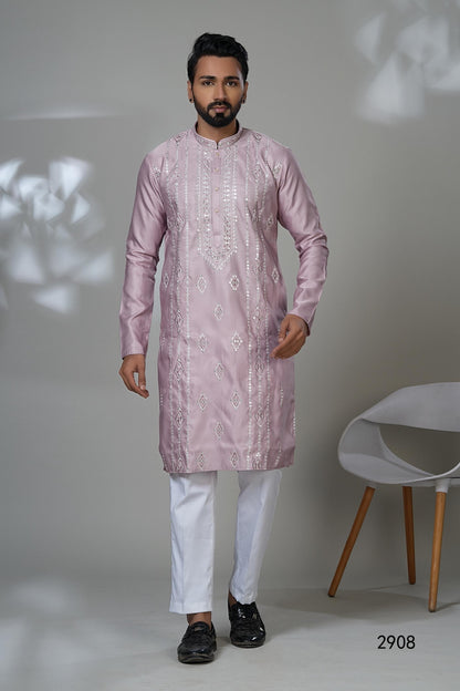 Light Purple Kurta Set: Silver Embroidery, Mirror Work, Festive Menswear